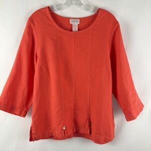 VTG 100% Linen Blouse Sz S Coral Orange Laganlook Spring Cottage Coastal USA